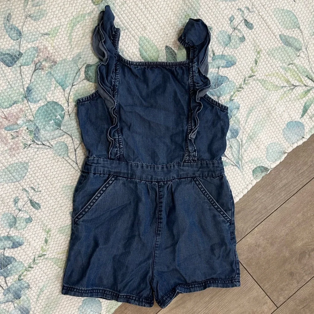 Vintage OshKosh B'gosh Toddler Girl Blue Denim Sleeveless Ruffle Smocked Romper